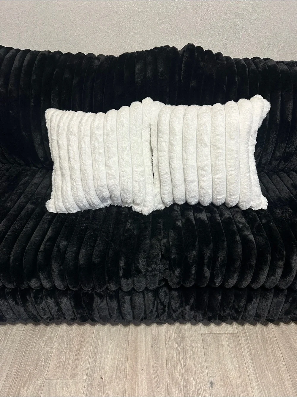 Plush White Faux Fur Ribbed Throw Pillow - Soft Accent Cushion (2 Pillows)